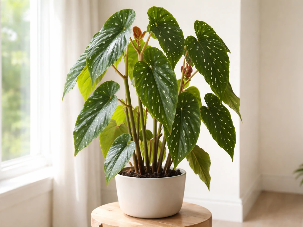 Lush angel wing begonia with silver-spotted leaves in a bright indoor room near a window.