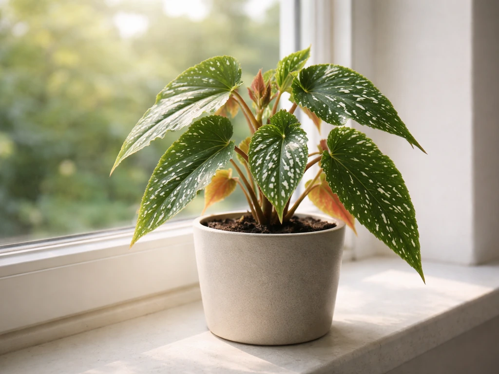 Angel wing begonia near an east-facing window, showing bright indirect light and distance from the glass.