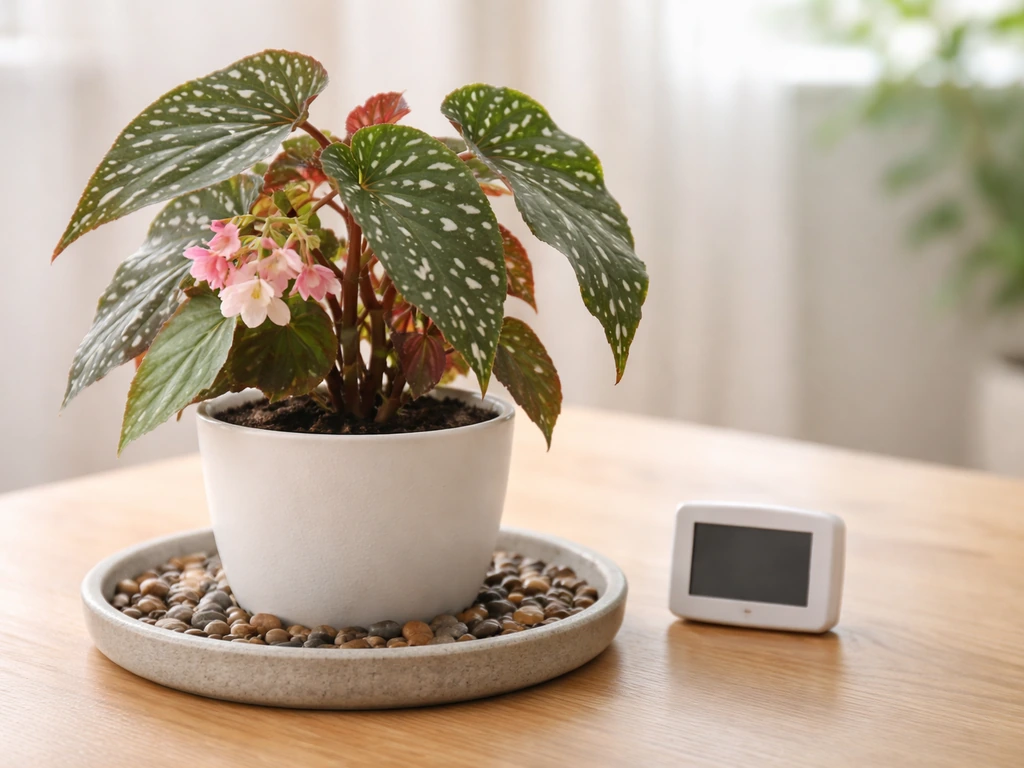 Pebble tray under a begonia pot with water just below the pot bottom and a nearby hygrometer.