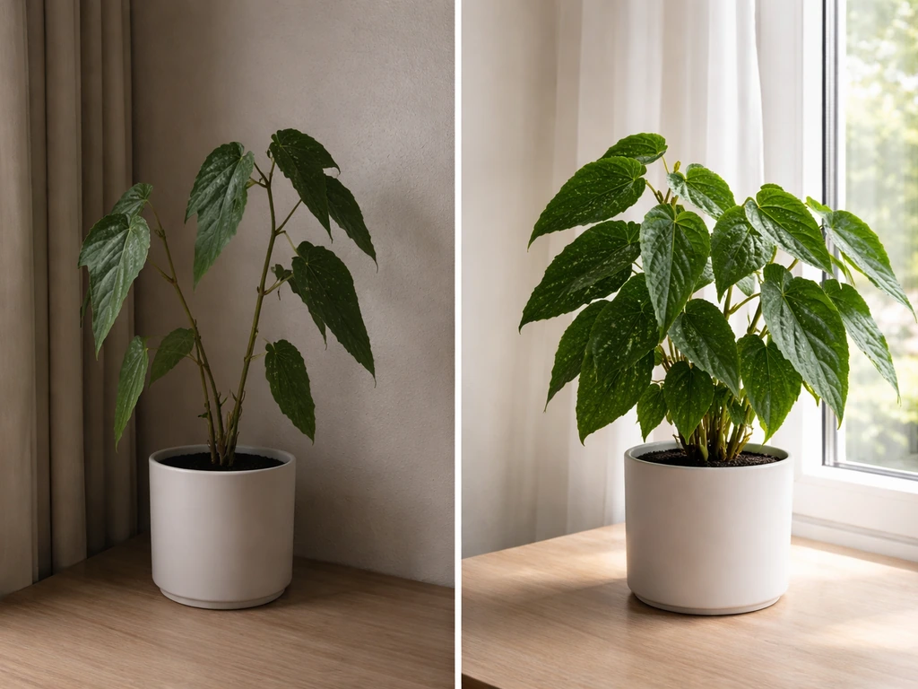 Two side-by-side photos of an angel wing begonia: leggy low-light plant and corrected brighter, fuller growth.