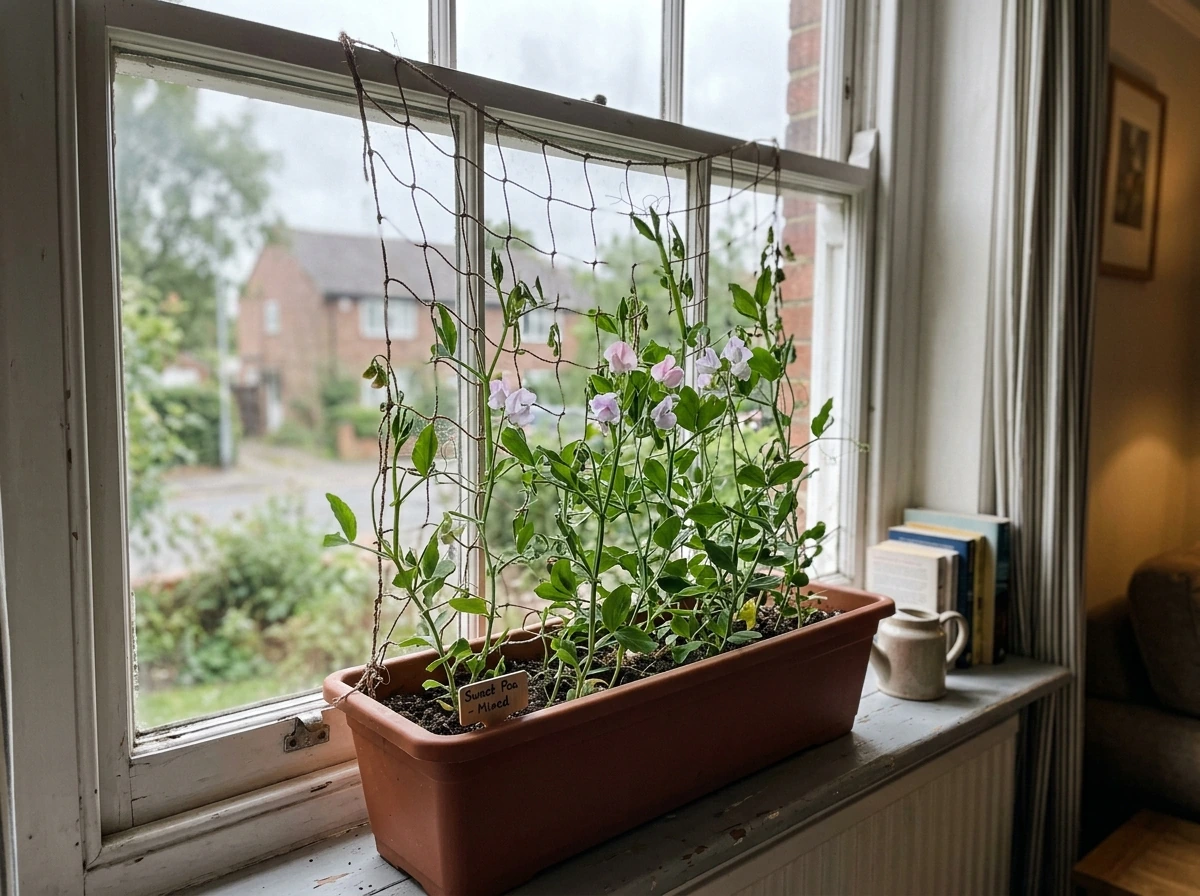 Indoor sweet pea window box with trellis and climbing vines in bright natural light.