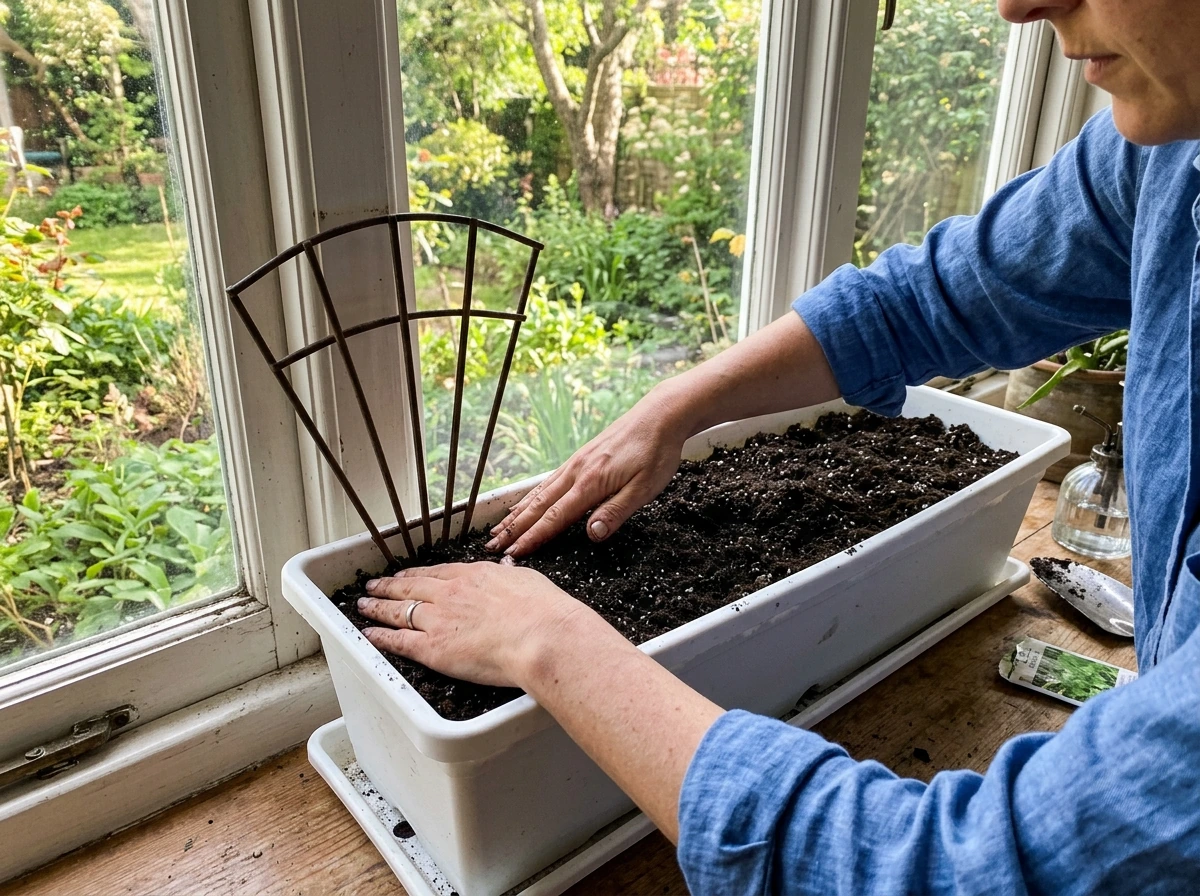 Indoor window box being filled with soil, drainage visible, and support positioned.