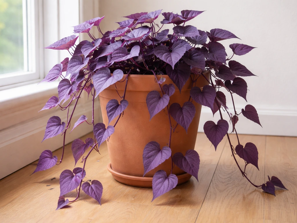 Purple sweet potato vine trailing from a pot near a bright window indoors.
