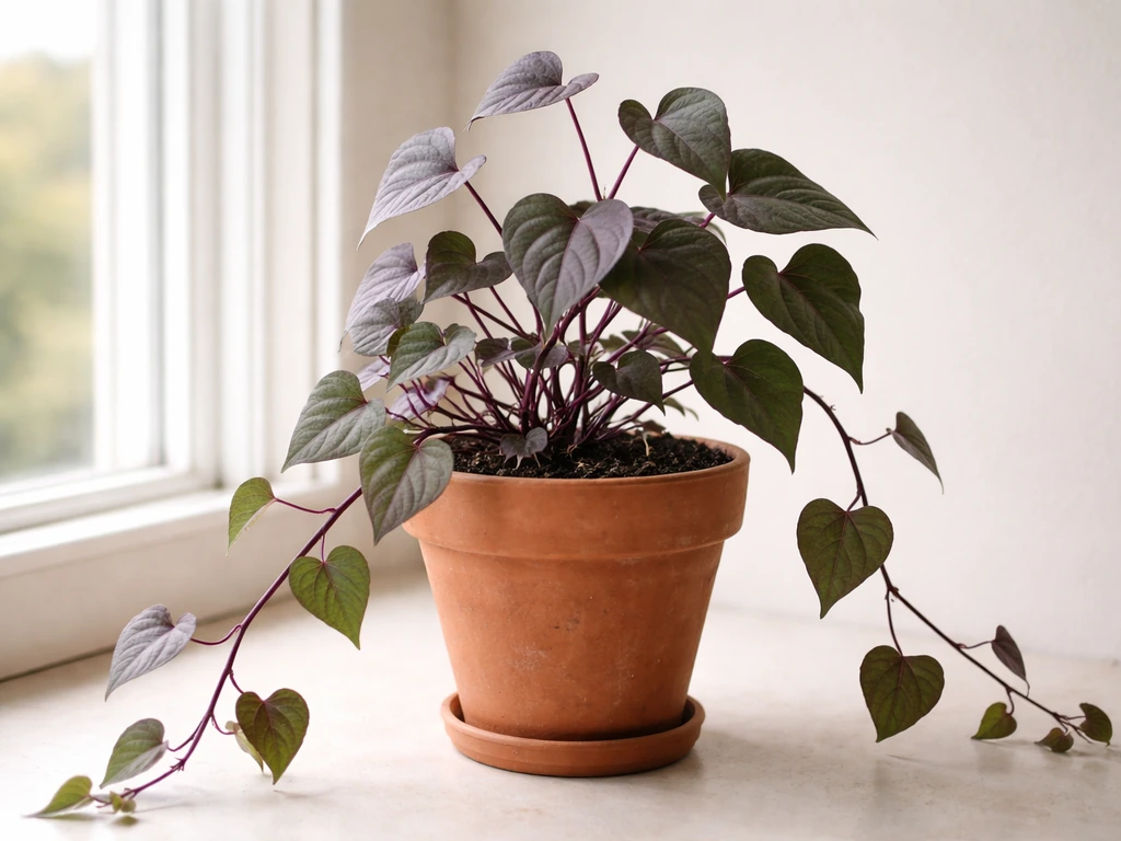 Purple sweet potato vine trailing indoors by a bright window, showing purple stems and leaves.