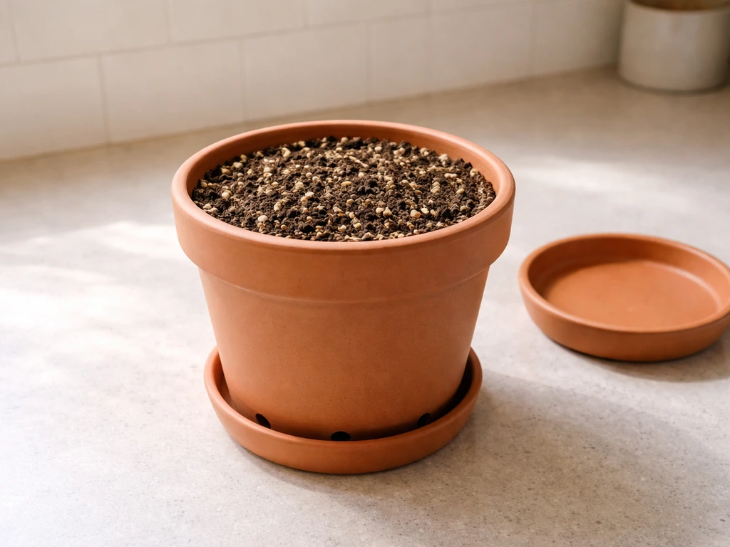 Terracotta pot with drainage holes filled with airy potting mix and a small drip tray on a counter.