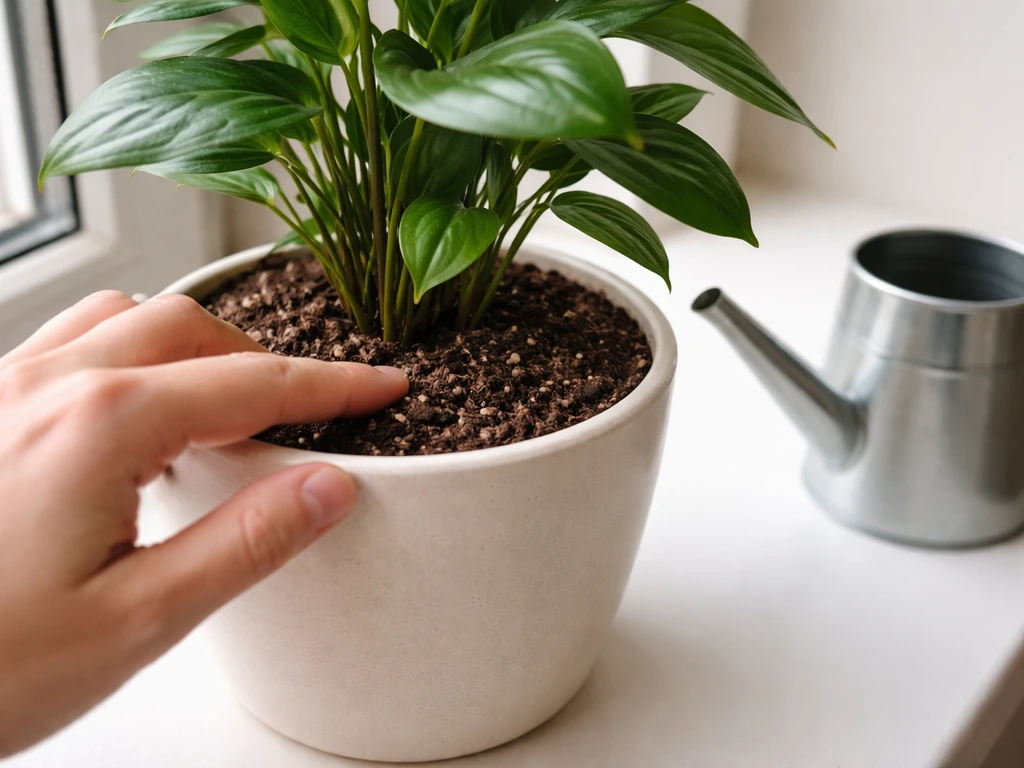 Hand checks the top inch of soil dryness in a potted indoor plant near a watering can.