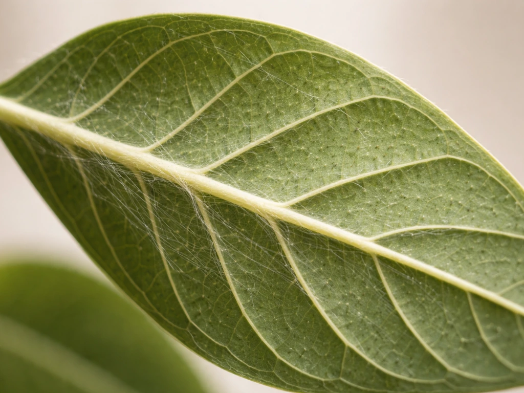 Macro close-up of a plant leaf underside with fine webbing and stippling from spider mites.