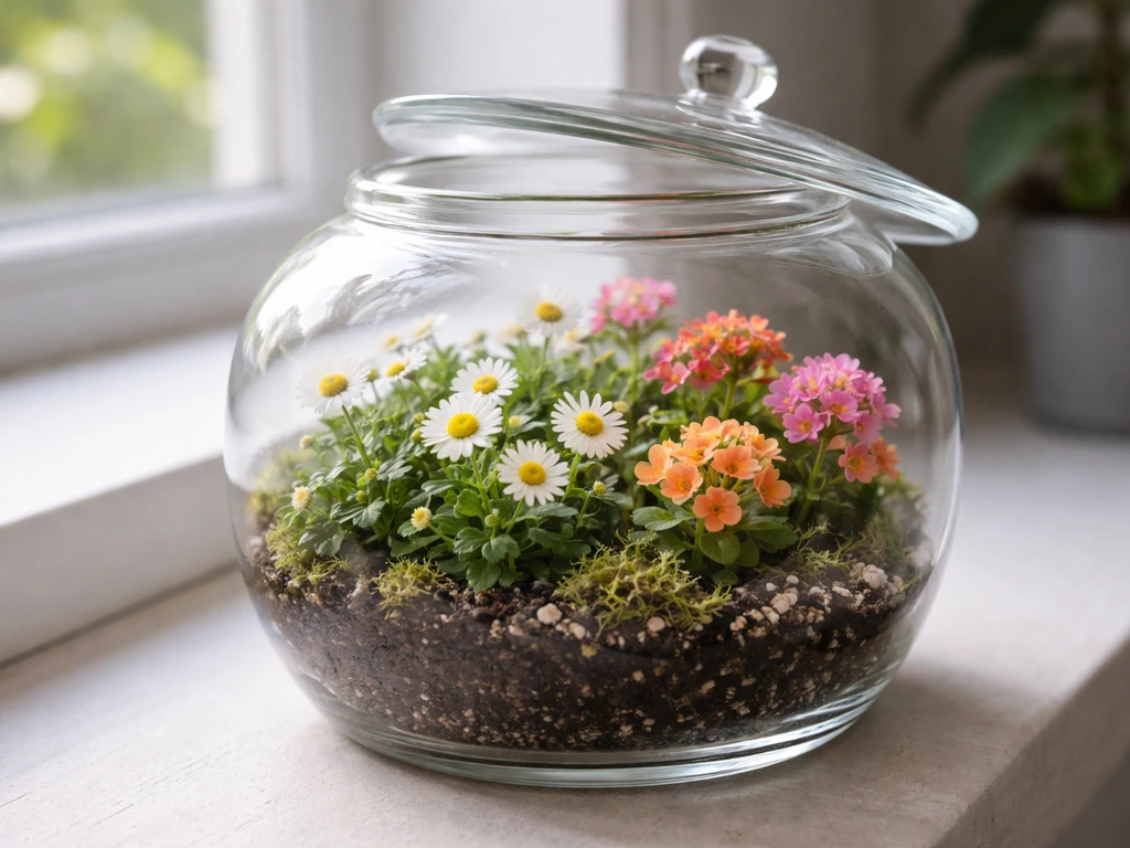 Blooming flowering plants inside a lidded terrarium with bright natural light and visible soil and glass.