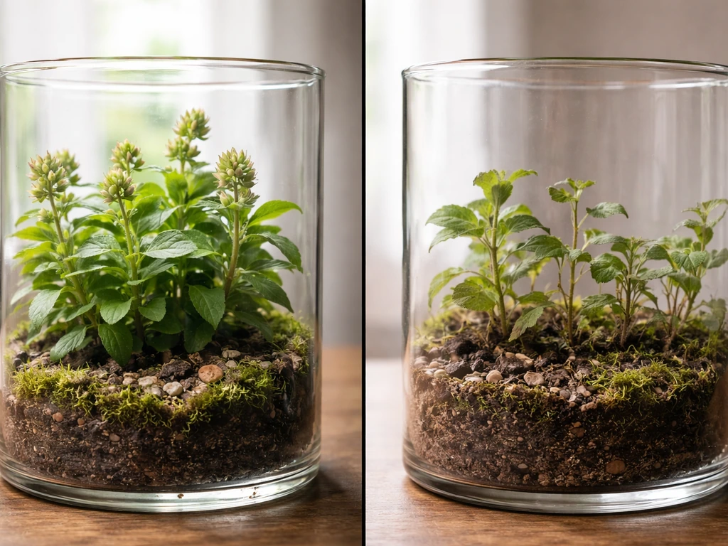 Side-by-side terrariums: one lush with budding flowers, the other sparse with no blooms due to poor conditions.