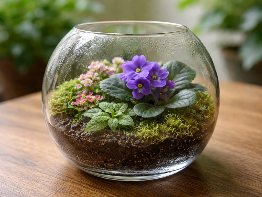 Multiple small terrarium-suitable flowering plants in a clear glass container with moist soil.