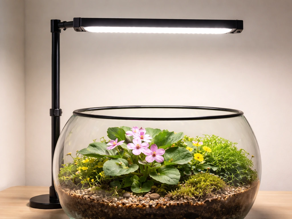 Close-up of a full-spectrum LED grow light mounted above a terrarium, spacing implied at about 6–12 inches.