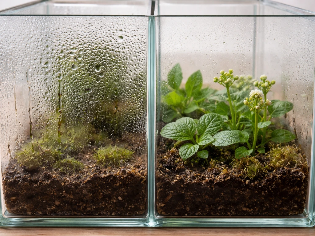 Split terrarium view: left heavy condensation and mold risk, right balanced humidity with budding flowers.