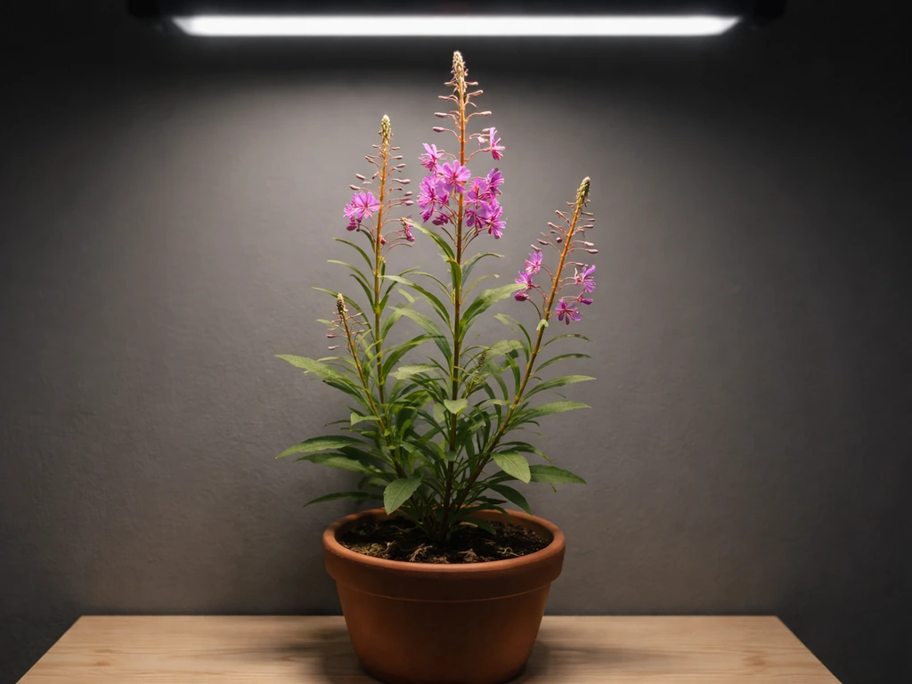 Indoor fireweed in a pot under strong grow lights with tall stems and budding flowers.