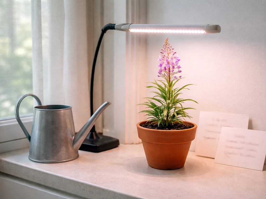 Fireweed in a small indoor pot beside a compact LED grow light on a windowsill. Notes-style cards nearby.