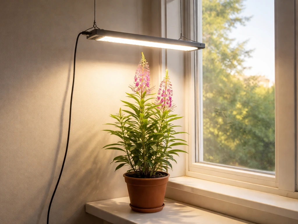 Fireweed on a south-facing windowsill with a grow light shining directly to suggest full-sun conditions.
