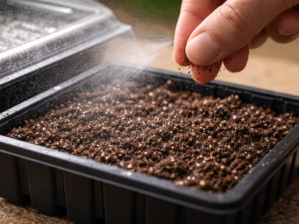 Tiny fireweed seeds surface-sown on moist seed-starting mix in a lidded tray with gentle misting.