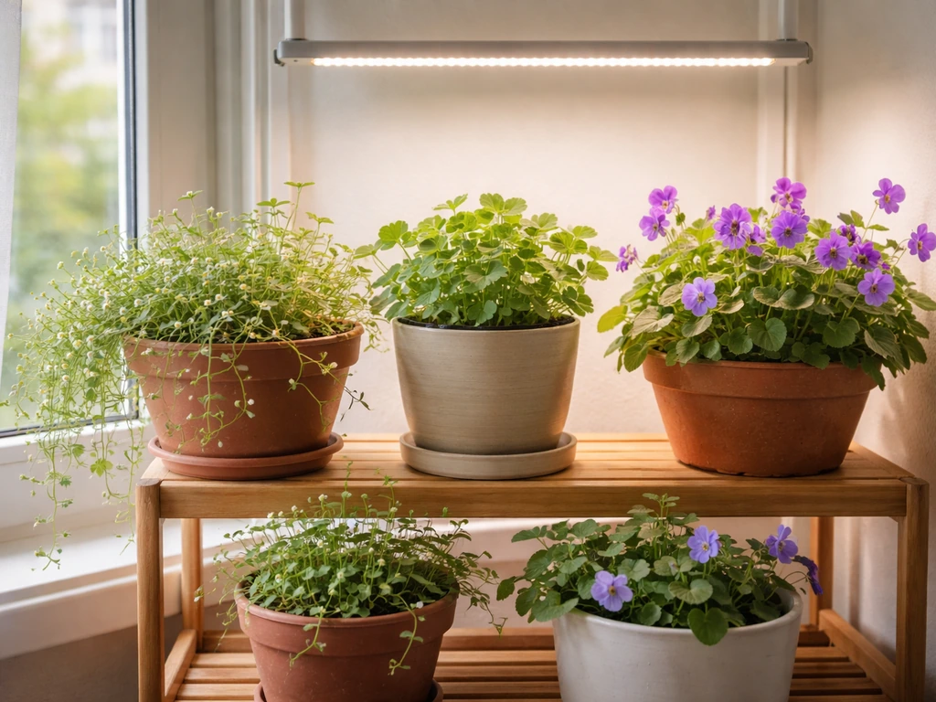 Several wild plants in small pots thriving on a windowsill under a grow light in a bright room.