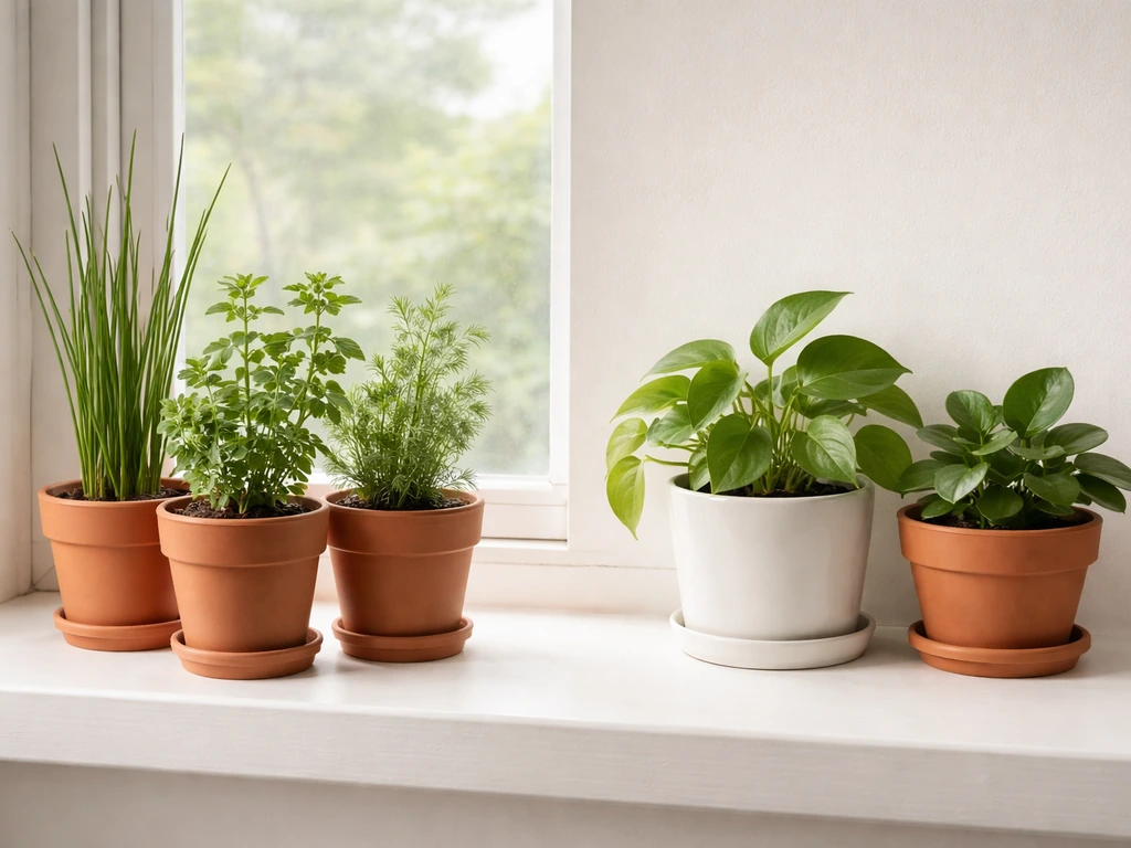 Minimal indoor comparison: potted wild/native-looking plants beside common houseplants on a windowsill.