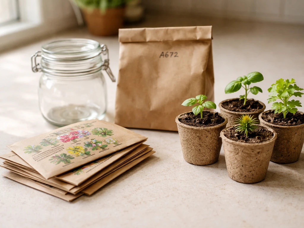 Seed packets and nursery plugs in pots on a countertop, suggesting safe legal sourcing.