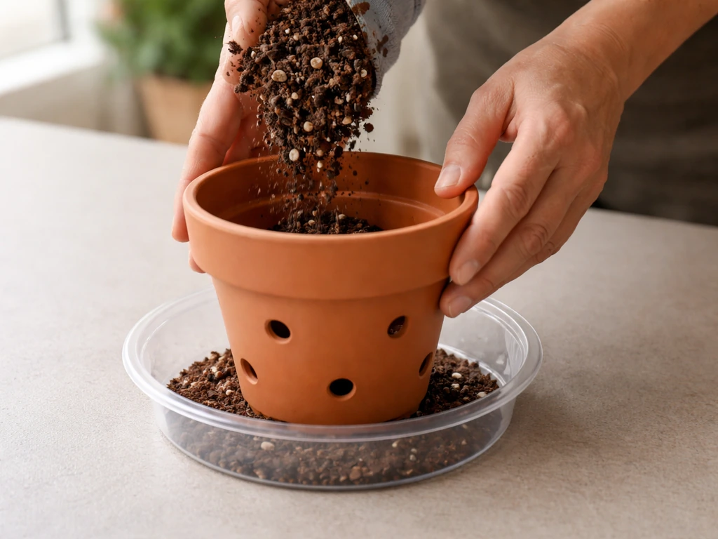 Hands place a pot with visible drainage holes into a catch tray, potting mix being added.