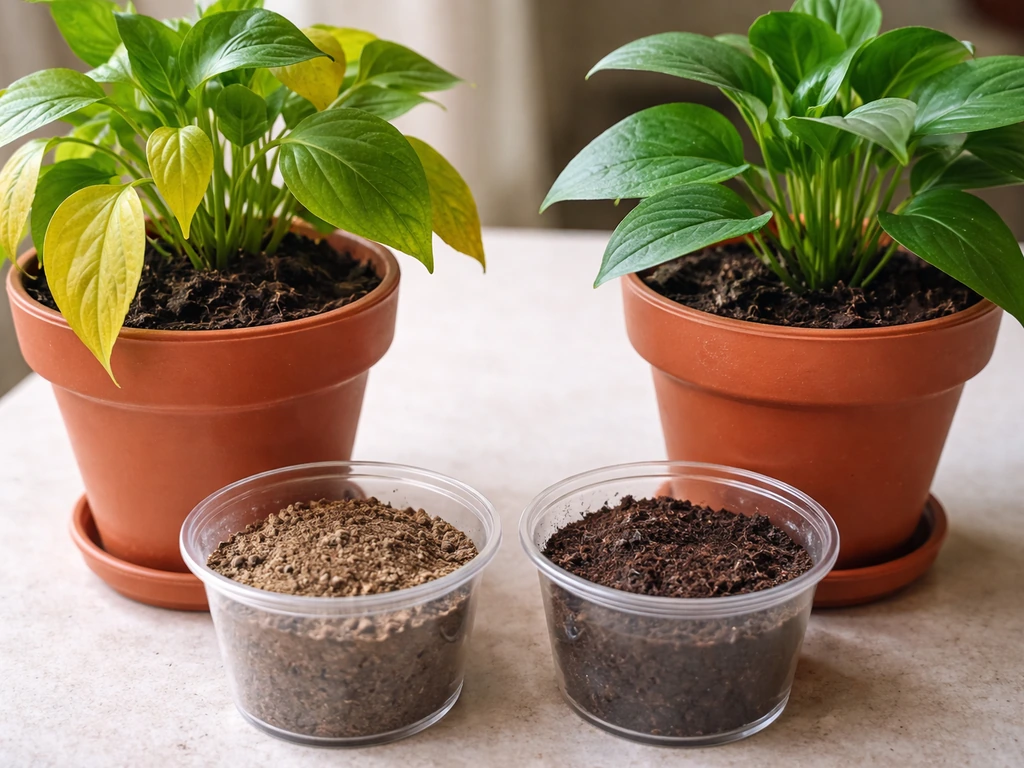 Indoor potted plant with yellowing leaves beside a healthy plant; visible wet vs dry soil in shallow cups.