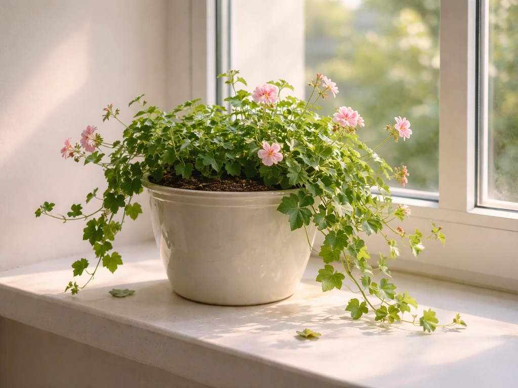 Ivy geranium trailing with small pink blooms indoors near a sunny window.