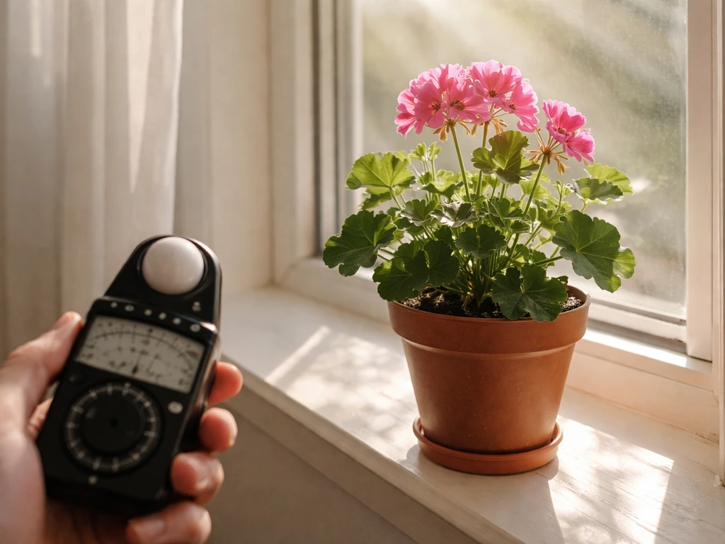 Ivy geranium by a sunlit window with an analog light meter measuring nearby light