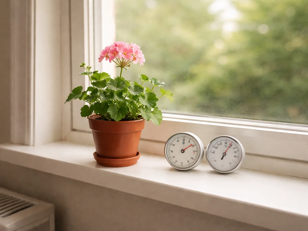 Ivy geranium on a windowsill with an analog thermometer and humidity gauge, away from vents.