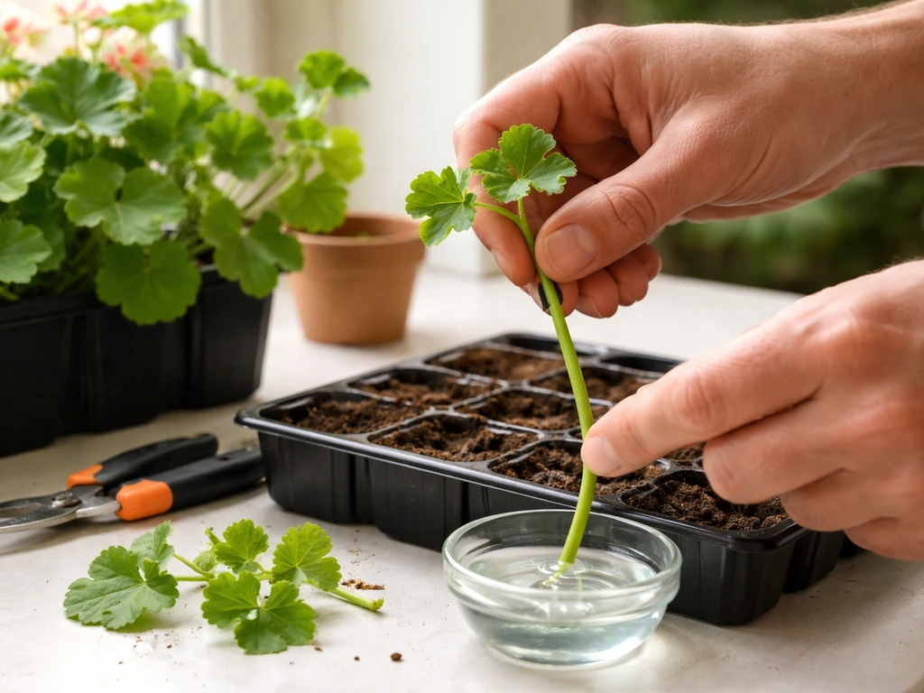 Hands taking an ivy geranium cutting, dipping in rooting gel, placing it in a small propagation tray with soil.