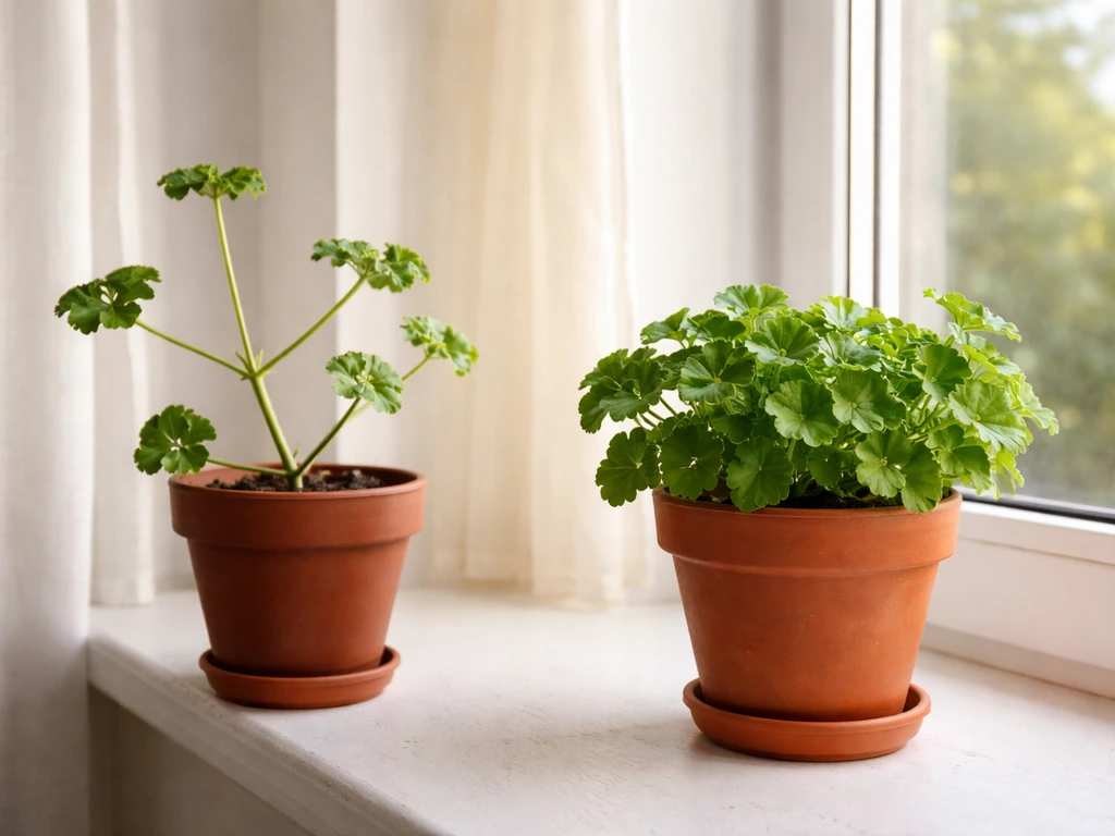 Two potted geraniums by a bright window: one leggy from low light, one compact after brighter light.