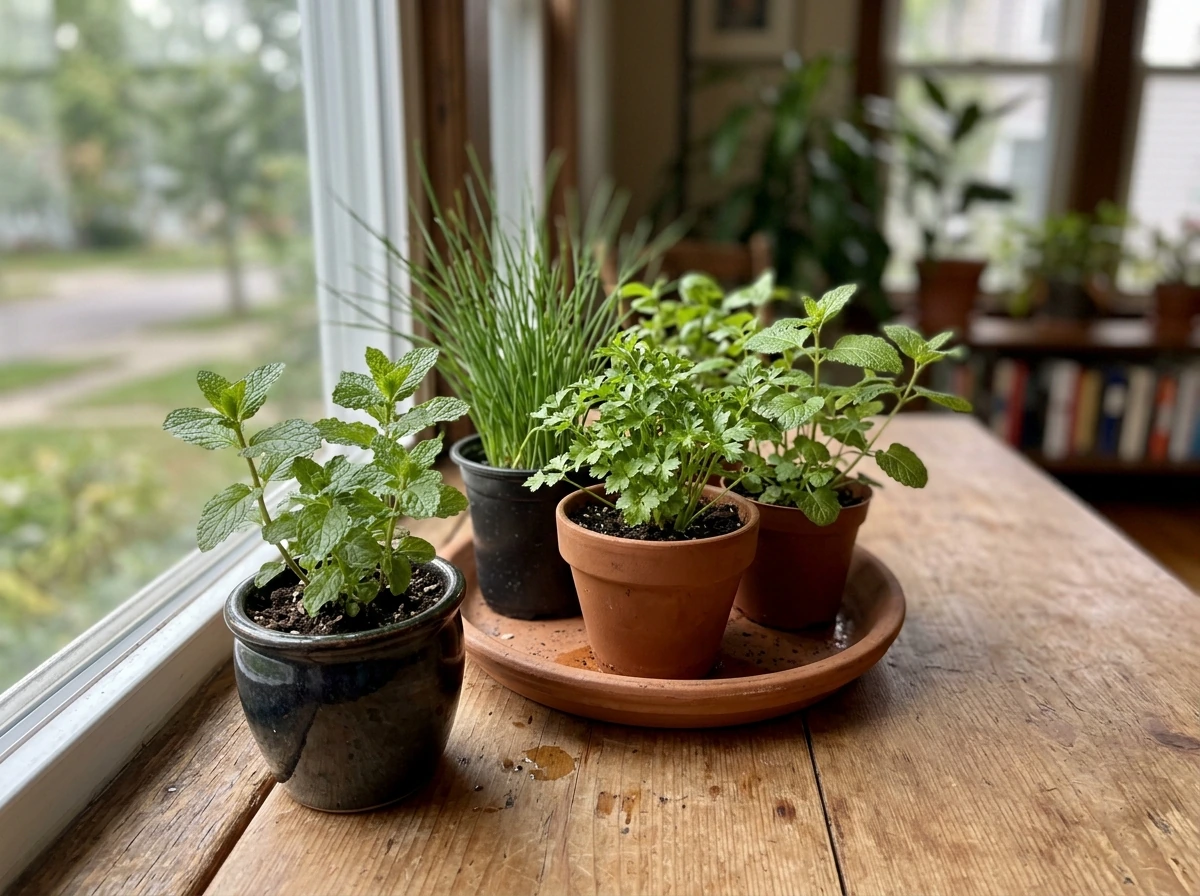 Low-light indoor herbs on a windowsill showing a natural daylight light gradient