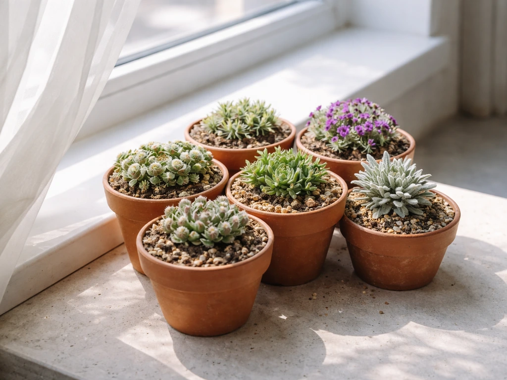 Healthy alpine plants in gritty fast-draining pots under bright window light indoors.