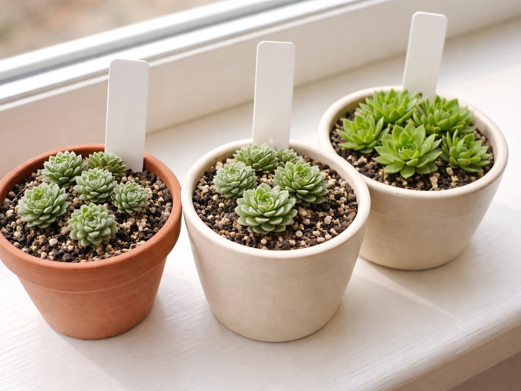 Small pots of indoor alpine plants on a windowsill, including saxifraga and sempervivum, in natural light.