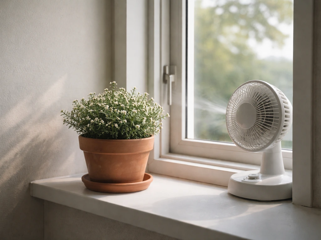 Small desk fan near a bright window cooling a potted alpine plant in a low-humidity room.