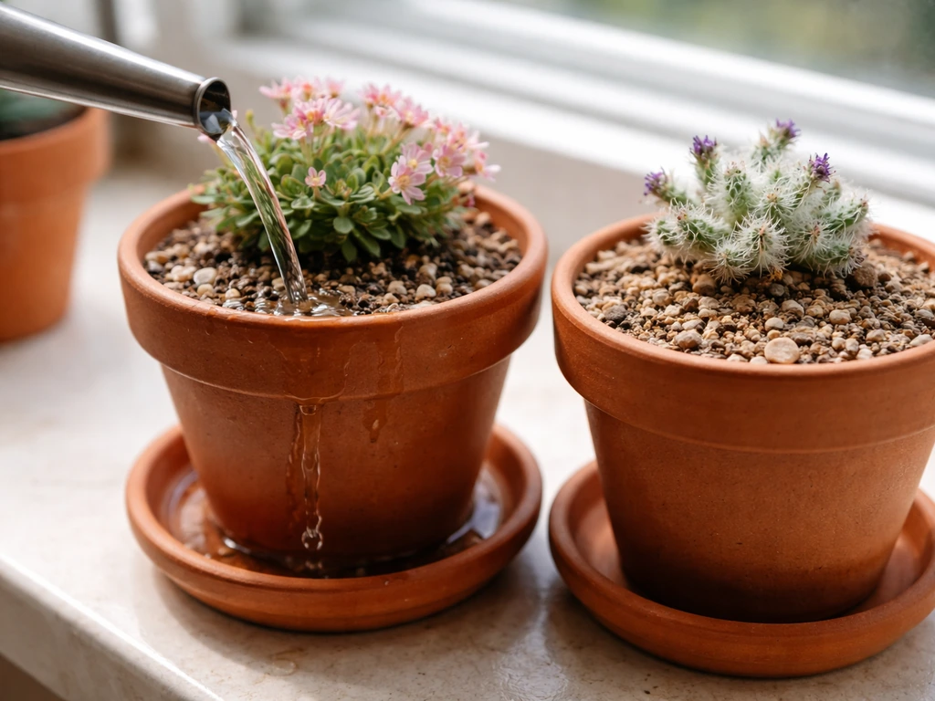 Alpine plants in terracotta pots: watering until it drains, with one pot showing slight dry top soil.
