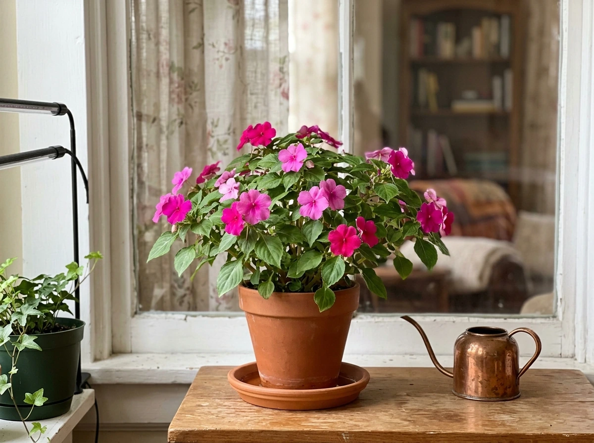 Indoor impatiens in a bright window with healthy blooms and lush foliage