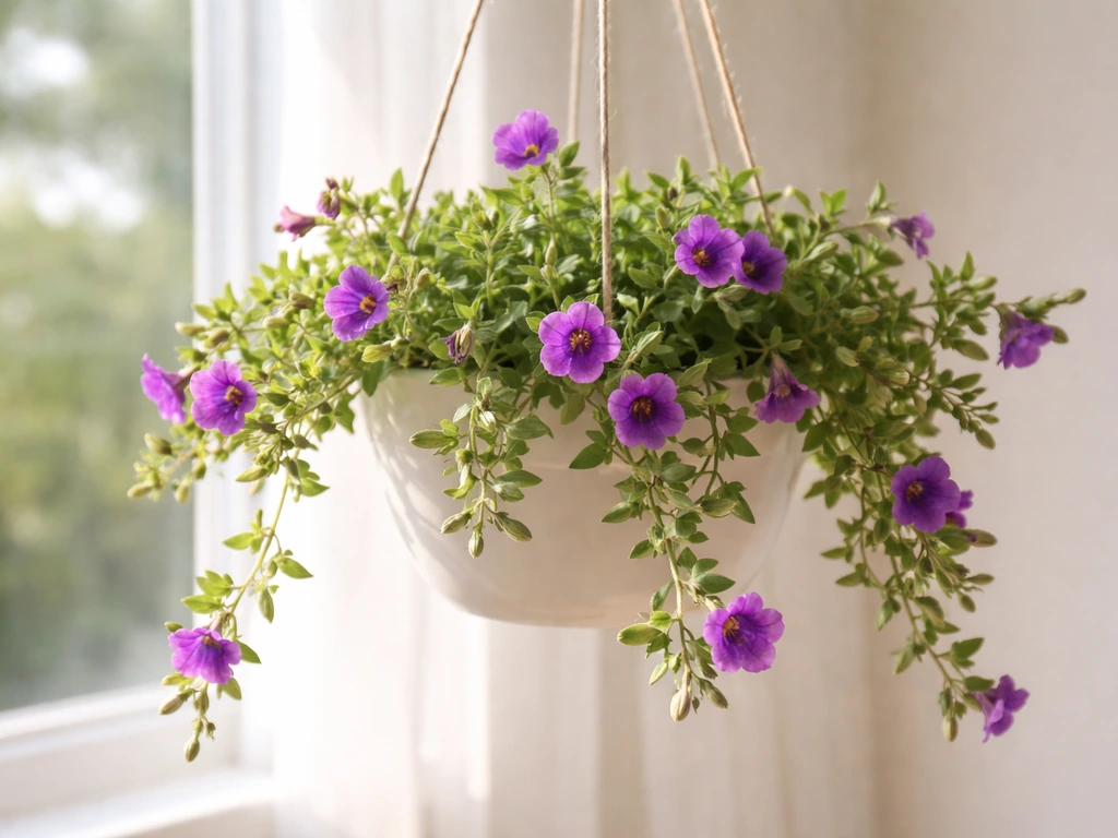 Trailing purple calibrachoa hanging near a bright window with visible blooms.