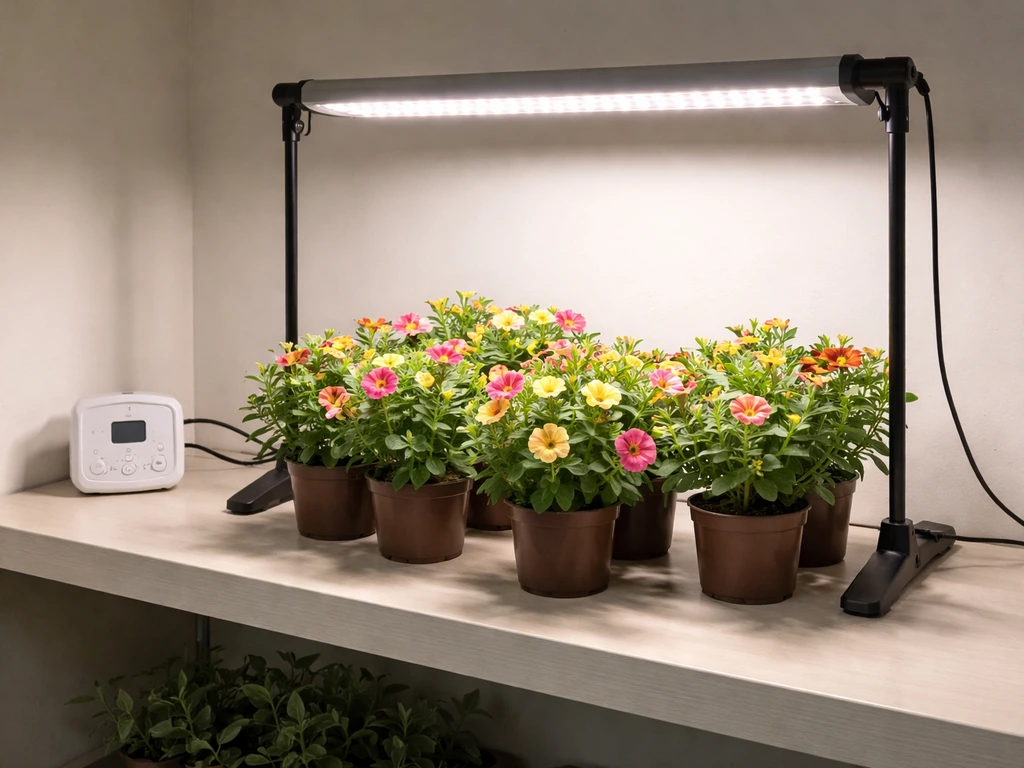 Calibrachoa seedlings under a full-spectrum LED grow light in a simple indoor setup with timer nearby.