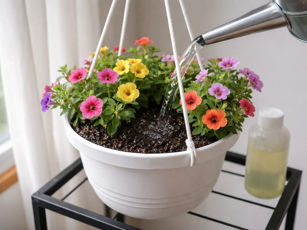 Indoor calibrachoa in a hanging pot while a watering can pours water, with fertilizer mixed nearby.