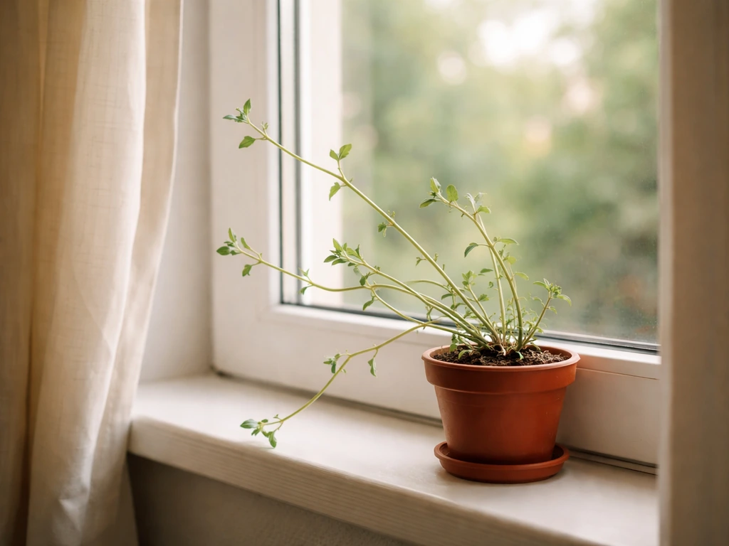 Leggy calibrachoa in a pot on a bright window, long stems reaching as it gets more light.