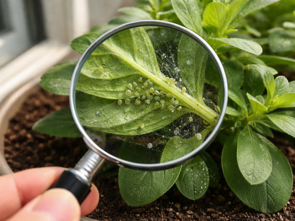 Calibrachoa leaves under a magnifying lens showing tiny aphids and faint webbing