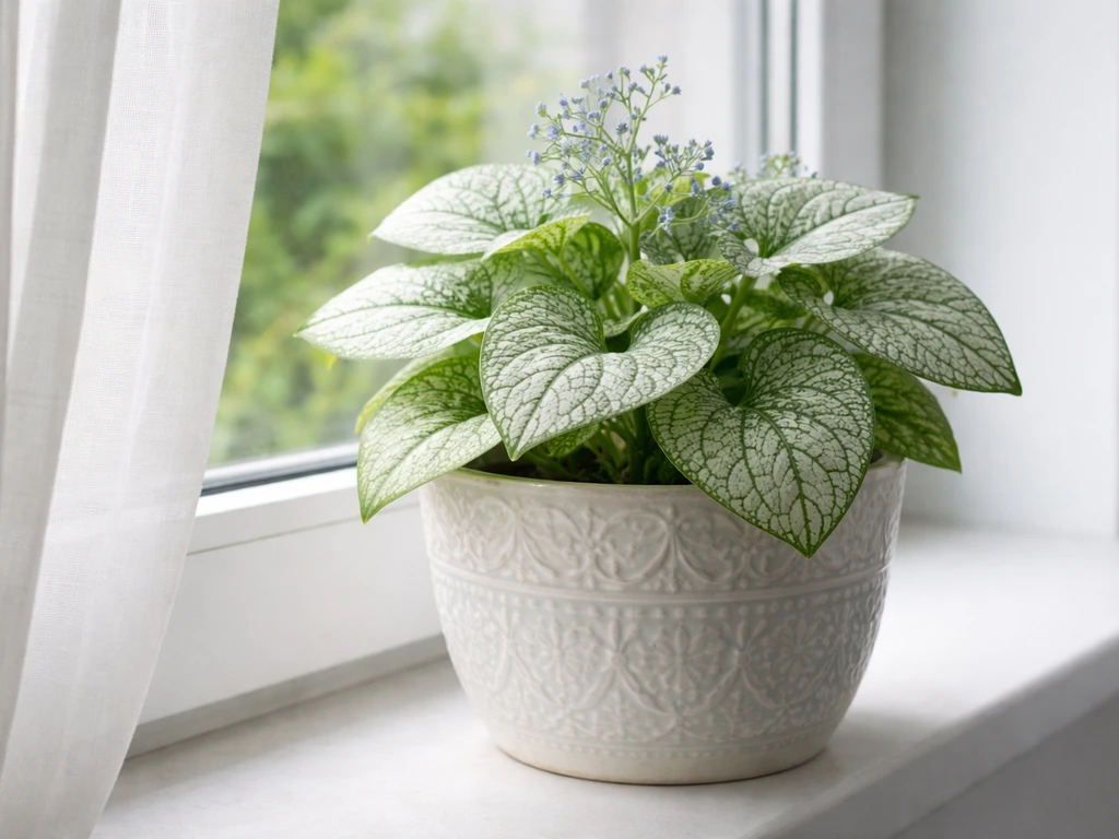 Brunnera ‘Jack Frost’ in a decorative pot on an indoor windowsill with silvery variegated leaves.