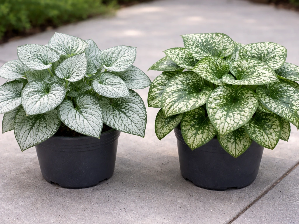 Side-by-side close-up of variegated brunnera leaves labeled Jack Frost and Looking Glass