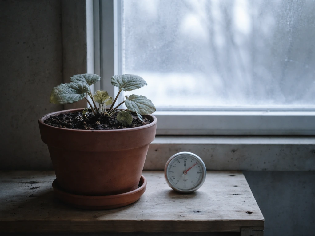 Potted brunnera resting near a window in a cool unheated room with a small thermometer nearby