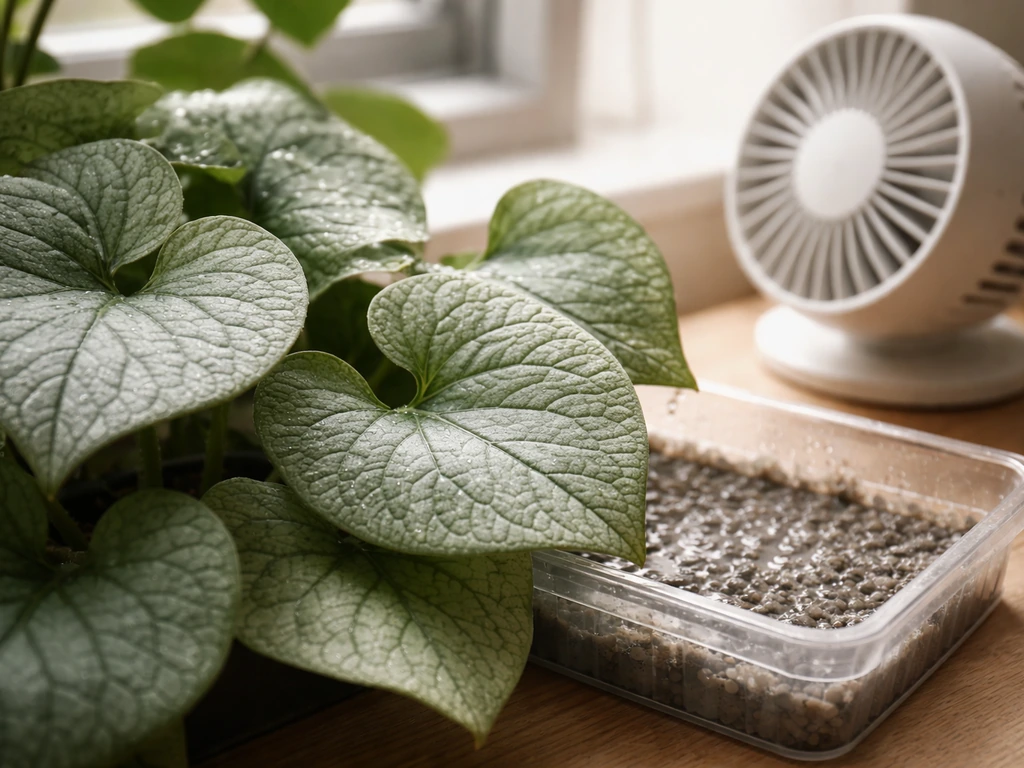 Brunnera leaves beside a humidity tray and a small fan for gentle airflow indoors.