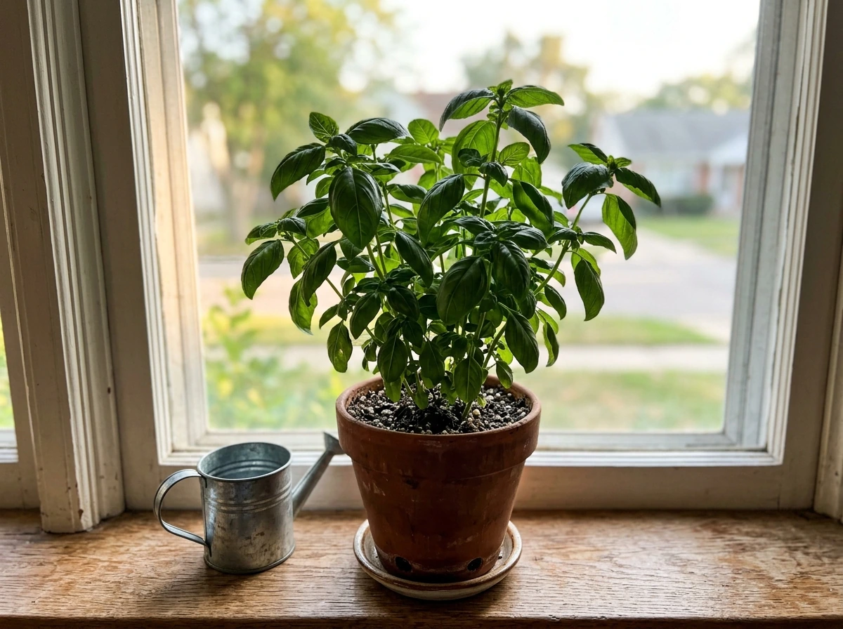 Healthy indoor basil growing in a bright window with a watering can nearby