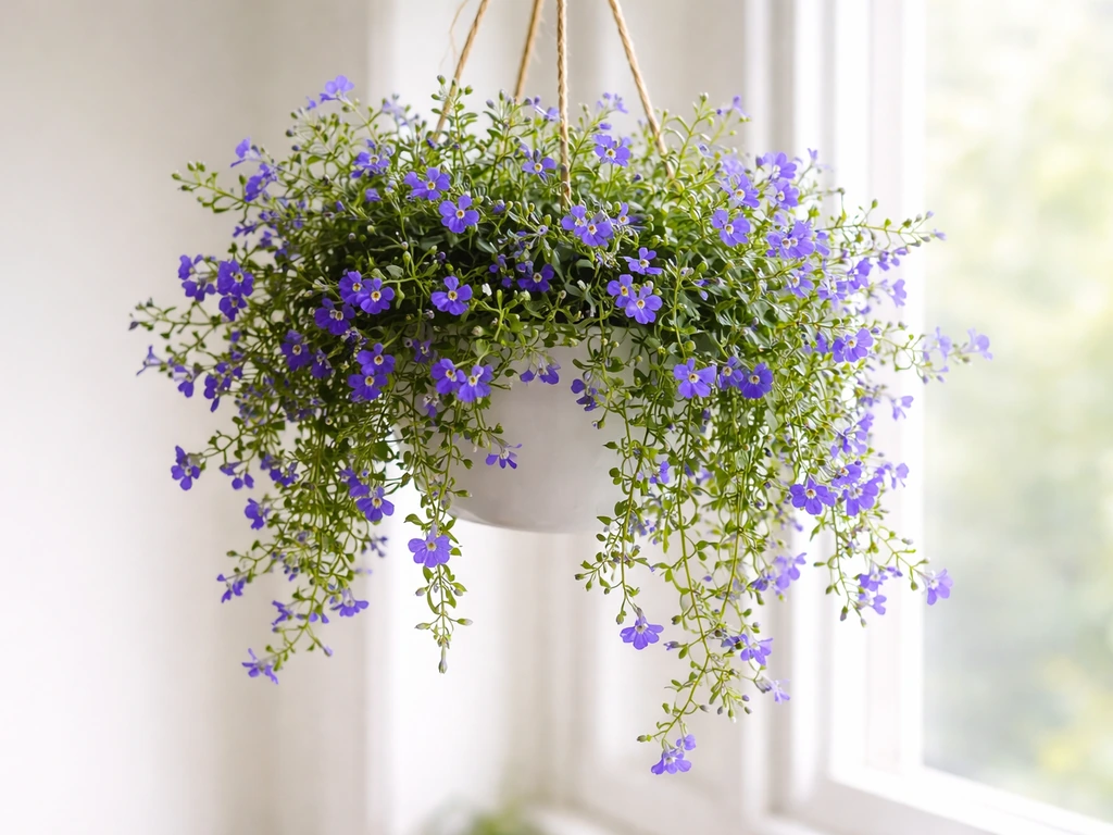 Indoor lobelia in a hanging pot by a window, trailing stems with small blue-violet blooms.