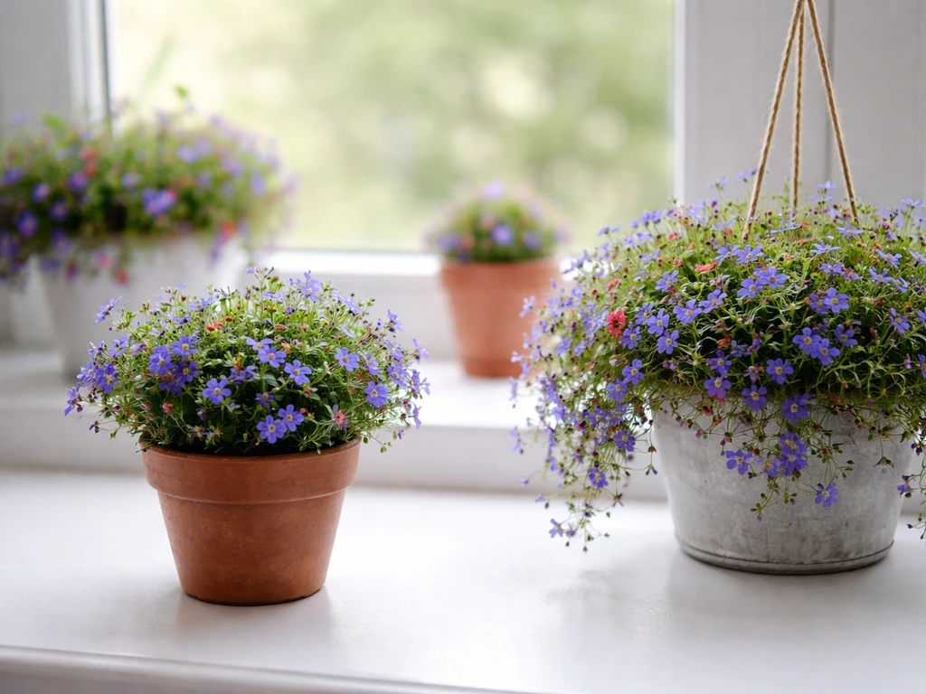 Indoor pots of compact and trailing lobelia on a sunny windowsill with small jewel-toned flowers.