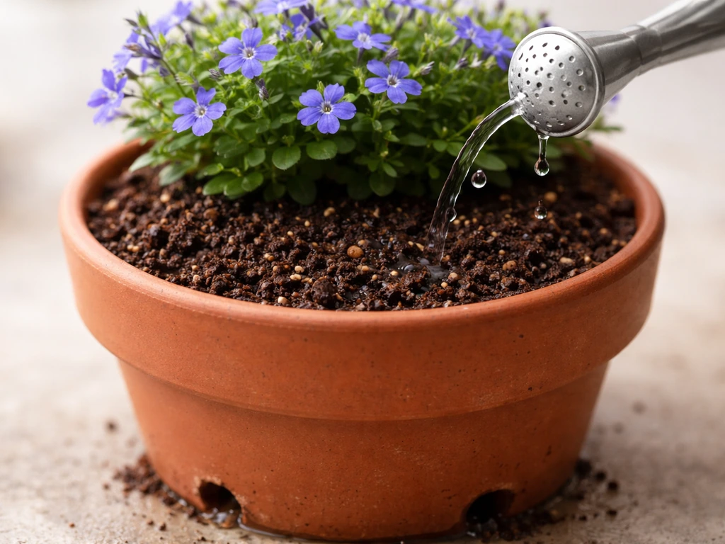 Close-up of a lobelia plant in peat/coir potting mix with water soaking through drainage holes