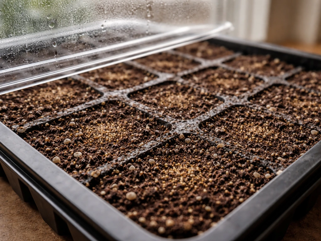 Close-up of lobelia seeds pressed into moist seed-starting mix in a covered indoor tray.